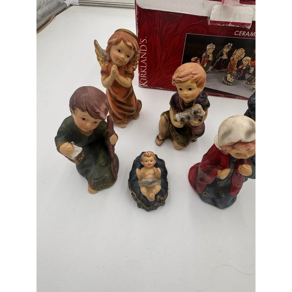 Vtg Nativity Child Set Kirklands Ceramic Glazed 7 Pieces Wiseman Is Missing 5.5